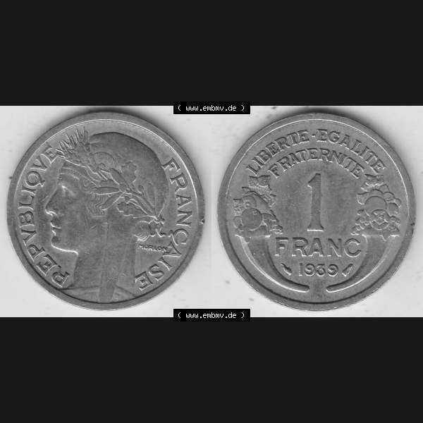 Grau bzw. s/w Alte Münzen KMS Frankreich, aus Kursmünzensatz-Zusammenstellung der Jahre 1917-1952, mit der Münze 1931-1941, 1 Franken, Franc, 1939-1. Vorderseite und... Sammlung Graustufen