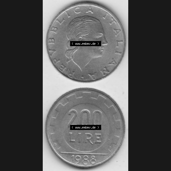 Grau bzw. s/w Bildmaterial von Münzen aus Italien / Italia Gedenkmünzen 1977-2001, 200 Lire, Zahnrad. Vorderseite und Rückseite vertikal untereinander auf einen digitalen Bild einer... Sammlung Graustufen