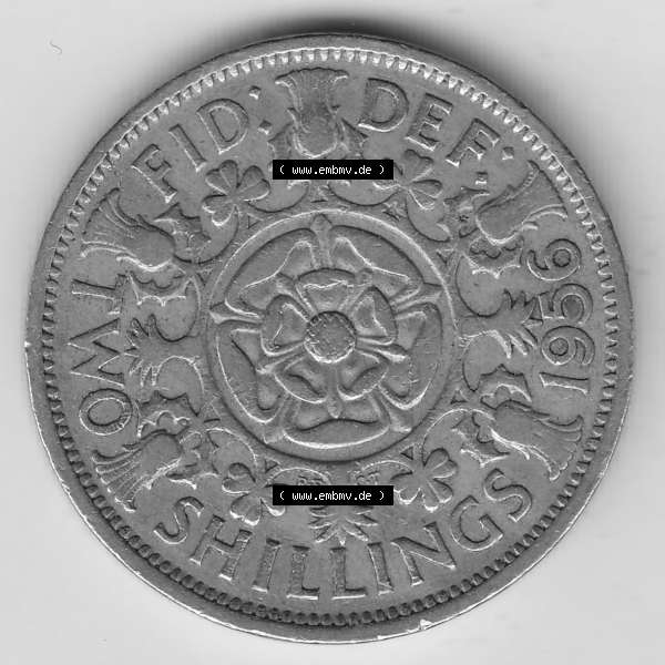 Grau bzw. s/w Münzen Großbritannien Umlaufmünze 1954-1970, 2 Schilling - Shillings 1956-1. Rückseite der alten britischen Münze aus Großbritannien zum katalogisieren und... Sammlung Graustufen
