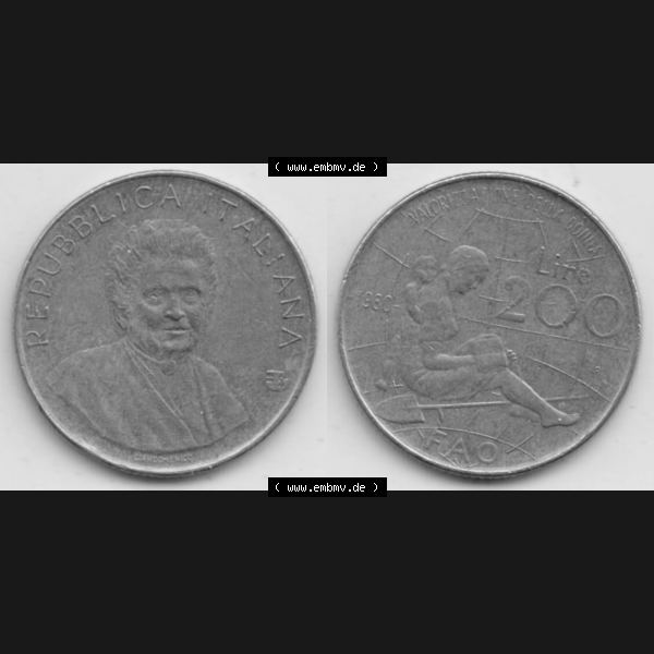 Grau bzw. s/w Bildmaterial von Münzen aus Italien / Italia Gedenkmünzen 1980-1980, 200 Lire FAO - Internationales Jahr der Frau. Vorderseite und Rückseite horizontal auf einen digitalen... Sammlung Graustufen