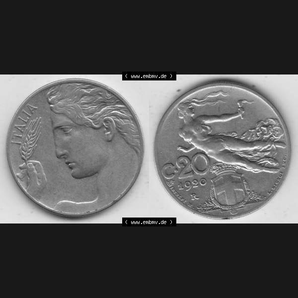 Grau bzw. s/w Alte Münzen KMS Italien / Italia, Kursmünzensatz - Zusammenstellung 1908-1943, mit Münze 1908-1935, 20 C. Centesimi, Cent, 1920-1. Digitales... Sammlung Graustufen
