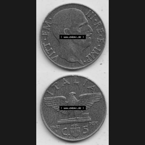 Grau bzw. s/w Alte Münzen KMS Italien / Italia, Kursmünzensatz - Zusammenstellung 1908-1943, mit Münze 1939-1943, 5 Centesimi, Cent, Viktor Emanuel III. C.5... Sammlung Graustufen