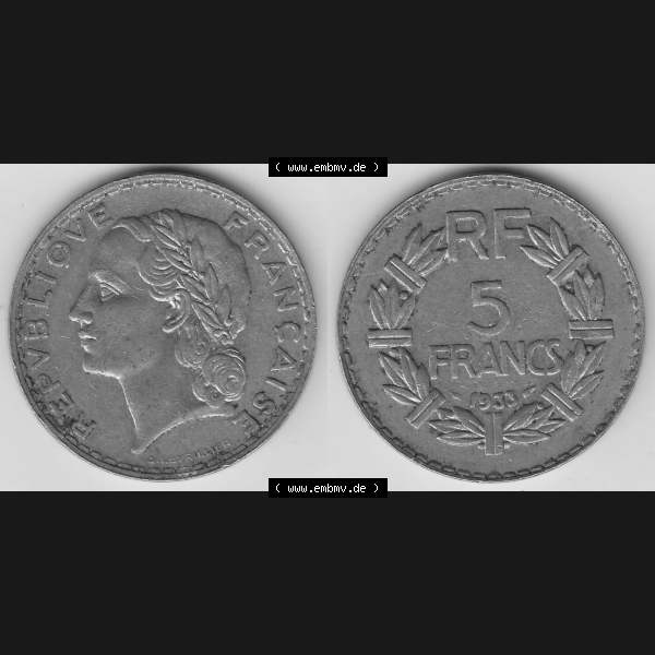 Grau bzw. s/w Münzen Frankreich Umlaufmünze 1933-1938, 5 Franken - Francs RF 1933. Vorderseite und Rückseite horizontal auf einen digitalen Bild der alten französischen Umlaufmünze... Sammlung Graustufen