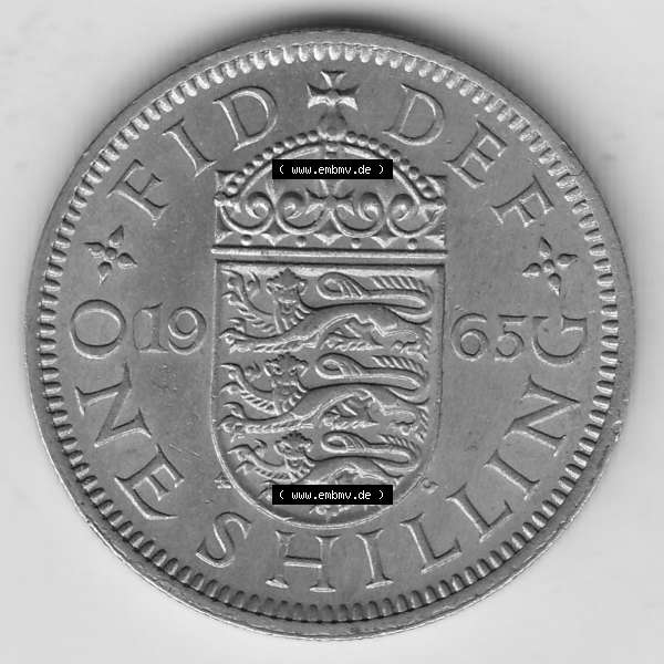 Grau bzw. s/w Münzen Großbritannien Umlaufmünze 1954-1970, 1 Schilling - Shilling, 1965-1 Wappen mit 3 Löwen (2) Sammlung Graustufen