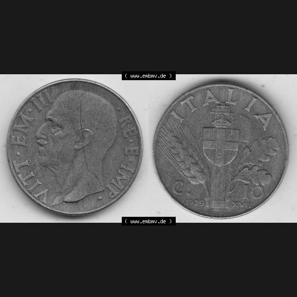 Grau bzw. s/w Alte Münzen KMS Italien / Italia, Kursmünzensatz - Zusammenstellung 1908-1943, mit Münze 1939-1943, 10 Centesimi, Cent, Viktor Emanuel III. VITT... Sammlung Graustufen