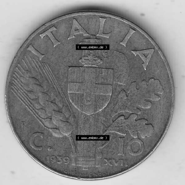 Grau bzw. s/w Alte Münzen KMS Italien / Italia, Kursmünzensatz - Zusammenstellung 1908-1943, mit Münze 1939-1943, 10 Centesimi, Cent, Viktor Emanuel III. VITT... Sammlung Graustufen
