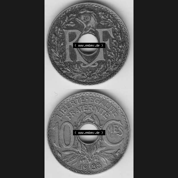 Grau bzw. s/w Münzen Frankreich Umlaufmünze 1917-1938, 10 Centimes - Cmes 1935-1. Vorderseite und Rückseite vertikal auf einen digitalen Bild der alten französischen Umlaufmünze... Sammlung Graustufen