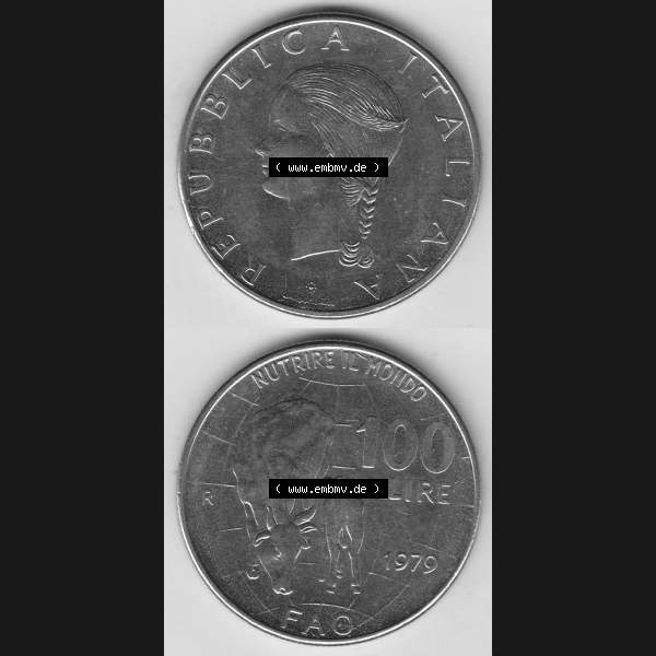 Grau bzw. s/w Bildmaterial von Münzen aus Italien / Italia Gedenkmünzen 1979-1979, 100 Lire, Ernährungs- und Landwirtschafts- Organisation der Vereinten Nationen-2. Vorderseite... Sammlung Graustufen