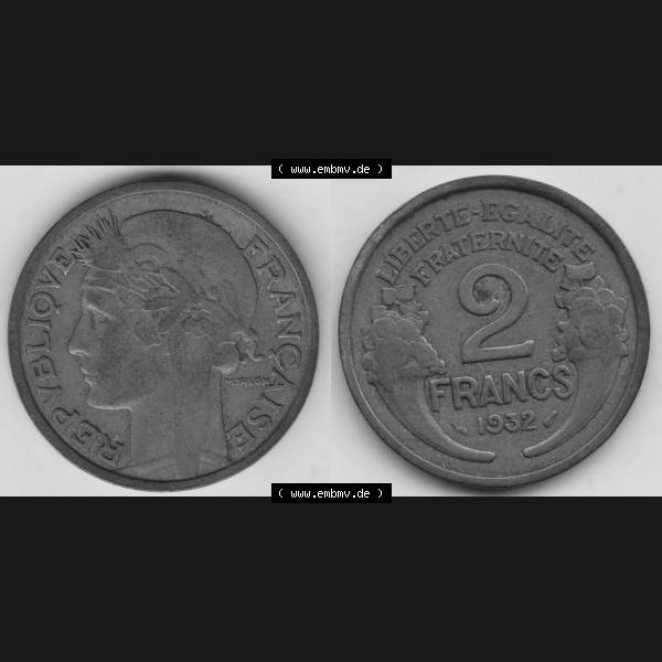 Grau bzw. s/w Münzen Frankreich Umlaufmünze 1931-1941, 2 Franken 1932-1 LIBERTE EGALITE FRATERNITE. Vorderseite und Rückseite horizontal auf einen digitalen Bild der alten französischen... Sammlung Graustufen