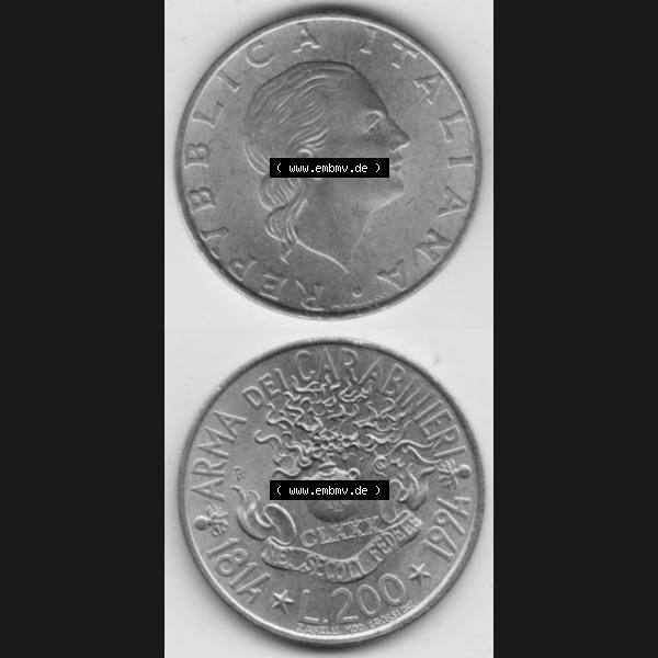 Grau bzw. s/w Bildmaterial von Münzen aus Italien / Italia Gedenkmünzen 1994-1994, 200 Lire 180 Jahre Carabinieri. Vorderseite und Rückseite vertikal untereinander auf einen digitalen... Sammlung Graustufen