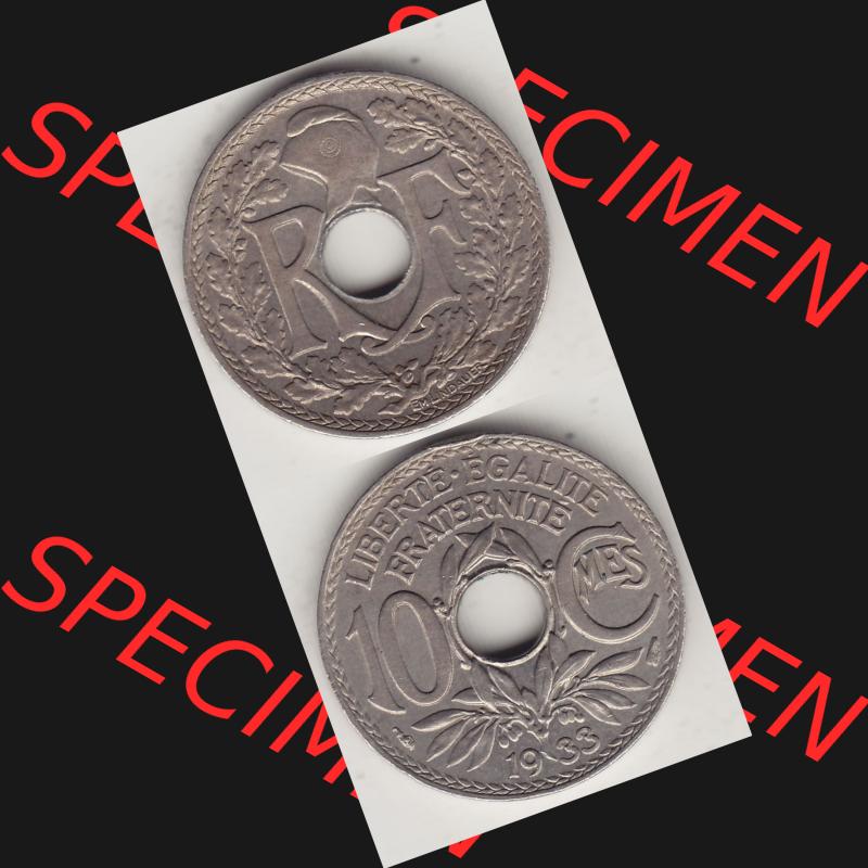Alte Münzen KMS Frankreich, aus Kursmünzensatz-Zusammenstellung der Jahre 1917-1952, mit der Münze 1917-1938, 10 Cmes, Centimes 1933-1. Vorderseite und Rückseite... Sammlung