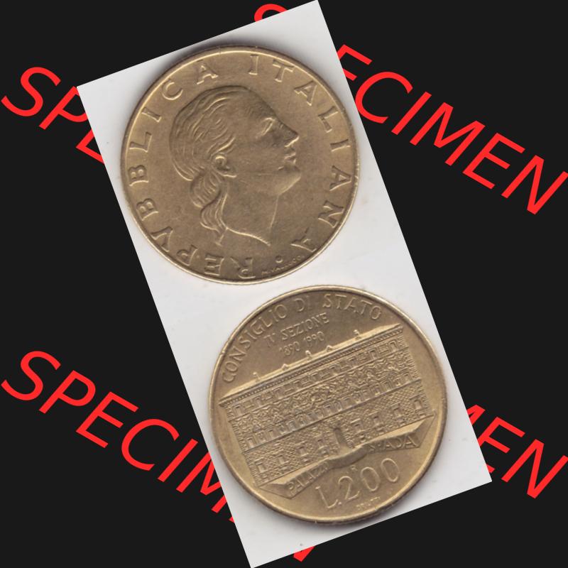 Bildmaterial von Münzen aus Italien / Italia Gedenkmünzen 1990-1990, 200 Lire Gründung von Staatsrat. Vorderseite und Rückseite vertikal untereinander auf einen digitalen... Sammlung