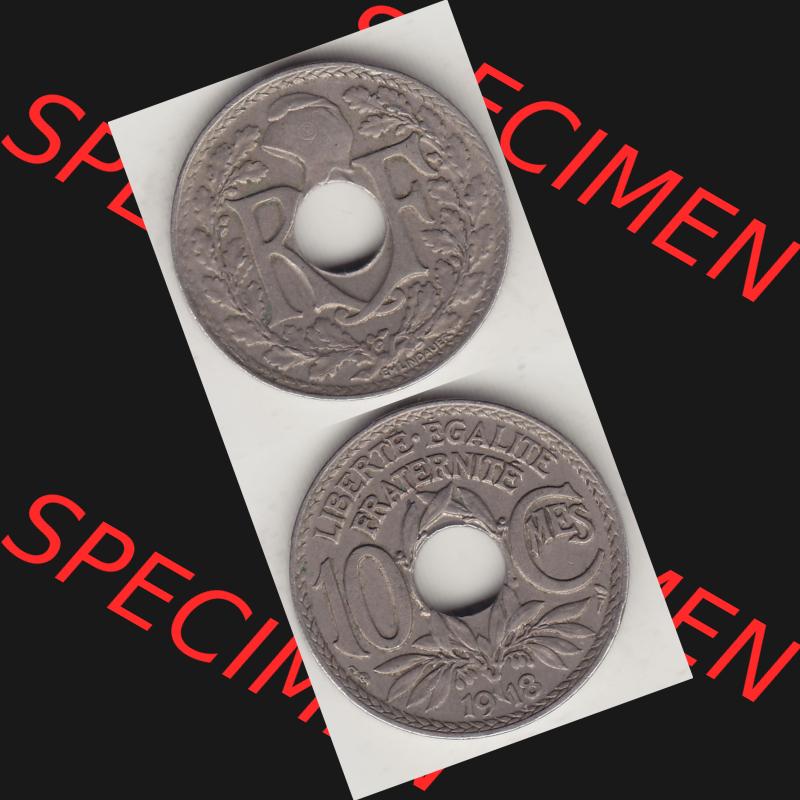 Münzen Frankreich Umlaufmünze Vollansicht 1917-1938, 10 Centimes, 10 CMES EGALITÉ FRATERNITÉ LIBERTÉ 1918-1. Vertikales beidseitiges Bildmaterial der Vorderseite... Sammlung