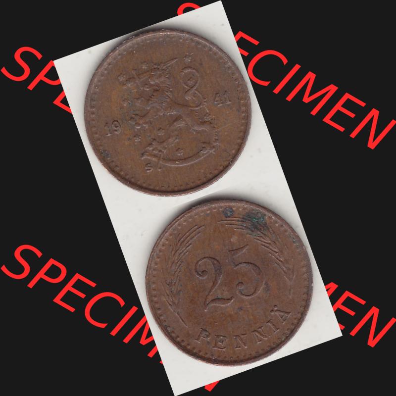 Alte Münzen KMS Finnland, Kursmünzensatz 1940-1943, 25 Penny, Penniä Kupfer 1941-1. Digitales Bild / Bildmaterial für IPhone und Mobil-Geräte mit Vorderseite... Sammlung
