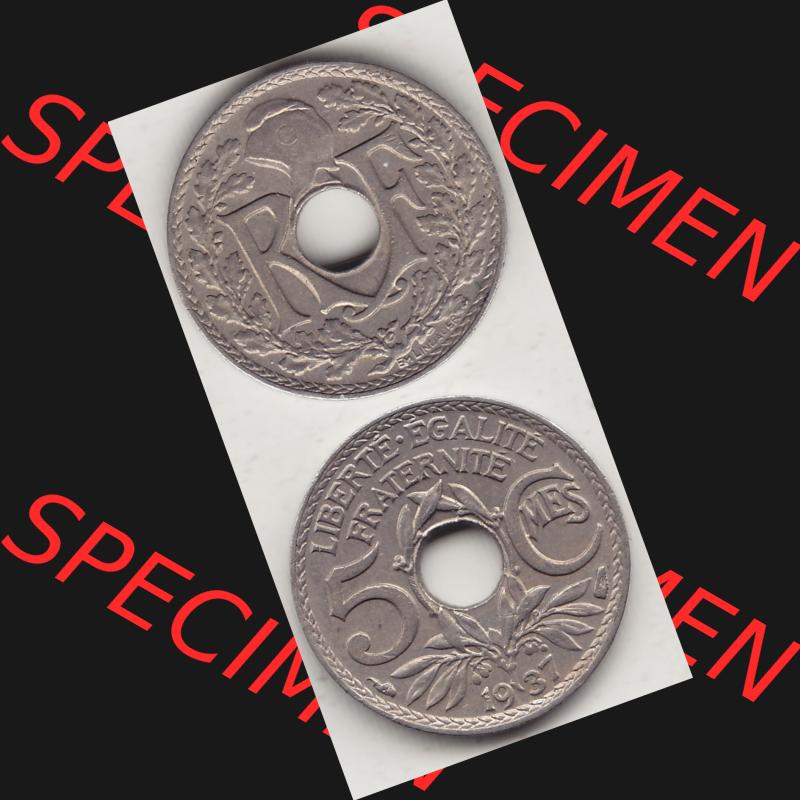 Alte Münzen KMS Frankreich, aus Kursmünzensatz-Zusammenstellung der Jahre 1917-1952, mit der Münze 1920-1938, 5 Cmes, Centimes 1937-1. Vorderseite und Rückseite... Sammlung