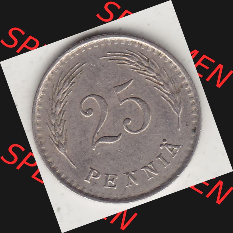 Alte Münzen KMS Finnland, Kursmünzensatz 1921-1940, 25 Penny, Penniä 1937. Rückseite mit Wert-Zahl bzw. Nennwert einer Münze aus KMS / Kursmünzen... Sammlung