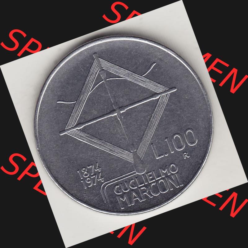 Bildmaterial von Münzen aus Italien / Italia Gedenkmünzen 1974-1974, 100 Lire, 100. Geburtstag von Guglielmo Marconi (1874-1974)-1. Rückseite einer... Sammlung