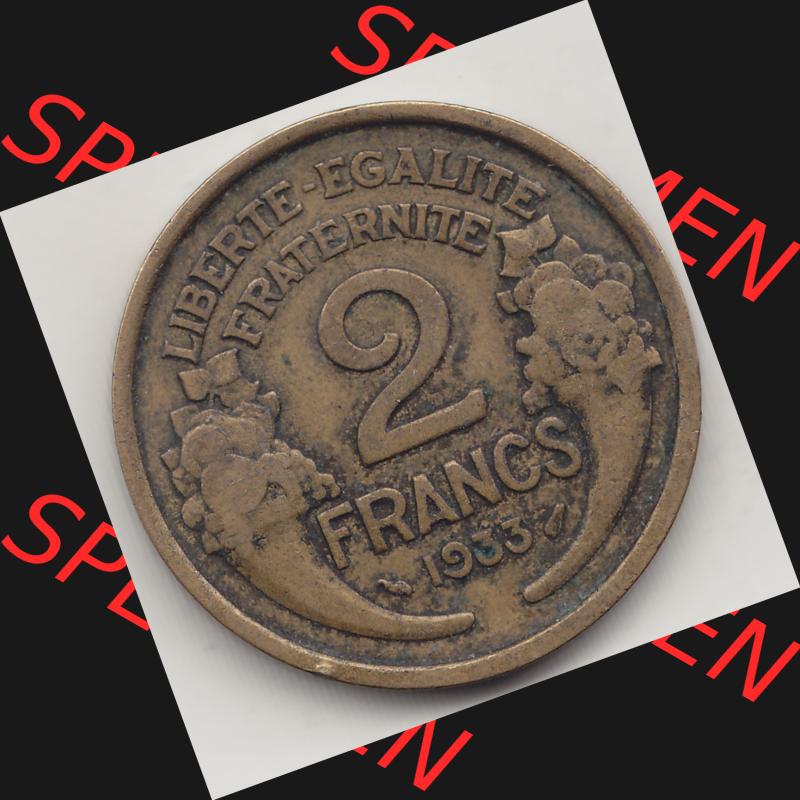 Münzen Frankreich Umlaufmünze 1931-1941, 2 Franken 1933-1 LIBERTE EGALITE FRATERNITE. Rückseite der alten französischen Umlaufmünze aus Frankreich in der Francs-Währung... Sammlung