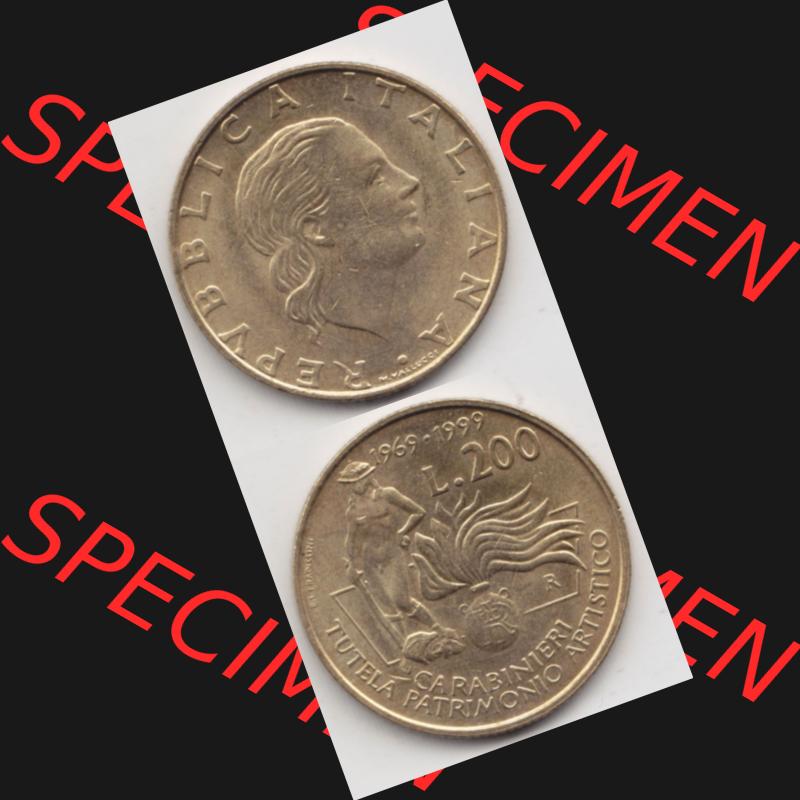 Bildmaterial von Münzen aus Italien / Italia Gedenkmünzen 1999-1999, 200 Lire Carabinieri, Schutz der Kunsterbe. Vorderseite und Rückseite vertikal untereinander auf... Sammlung