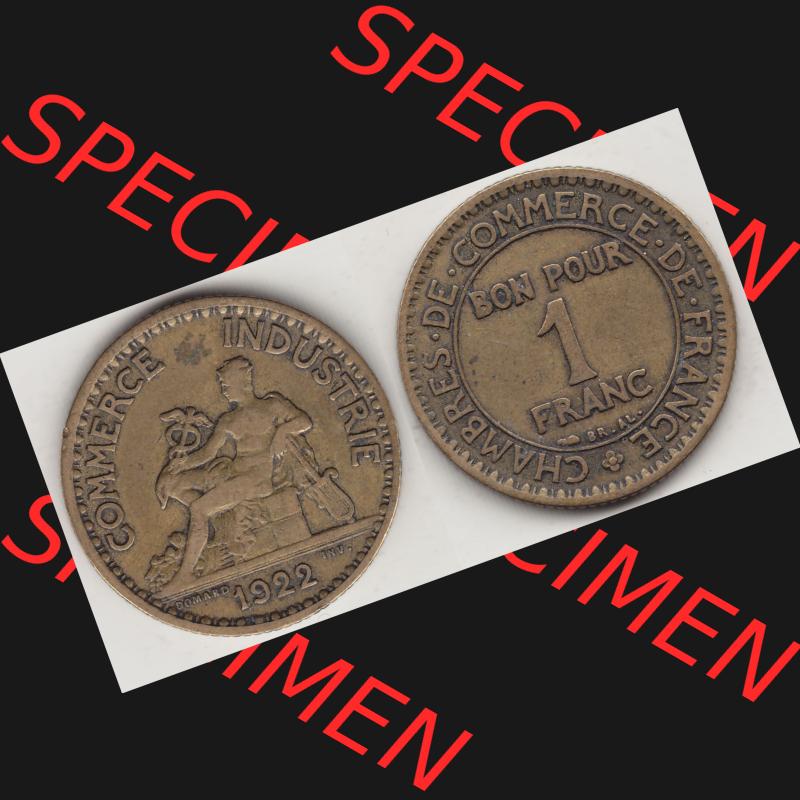 Münzen Frankreich Umlaufmünze 1922-1927, 1 Franken, BON POUR One Franc, 1922-1 CHAMBRES DE COMMERCE DE FRANCE. Vorderseite und Rückseite horizontal auf einen digitalen... Sammlung