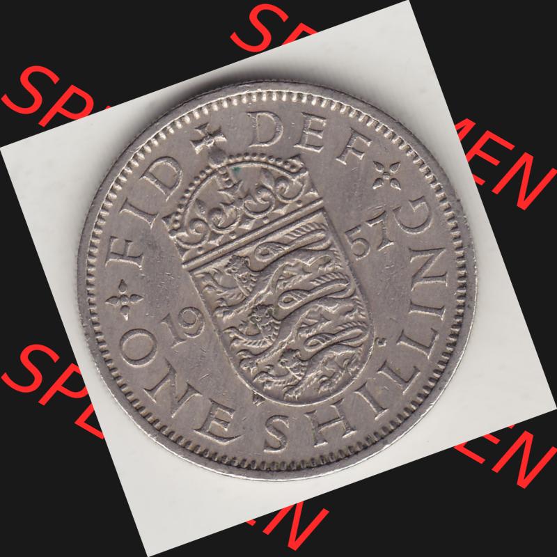 Münzen Großbritannien Umlaufmünze 1954-1970, 1 Schilling - Shilling, 1957-2 Wappen mit drei Löwen. Rückseite der alten britischen Münze aus Großbritannien... Sammlung