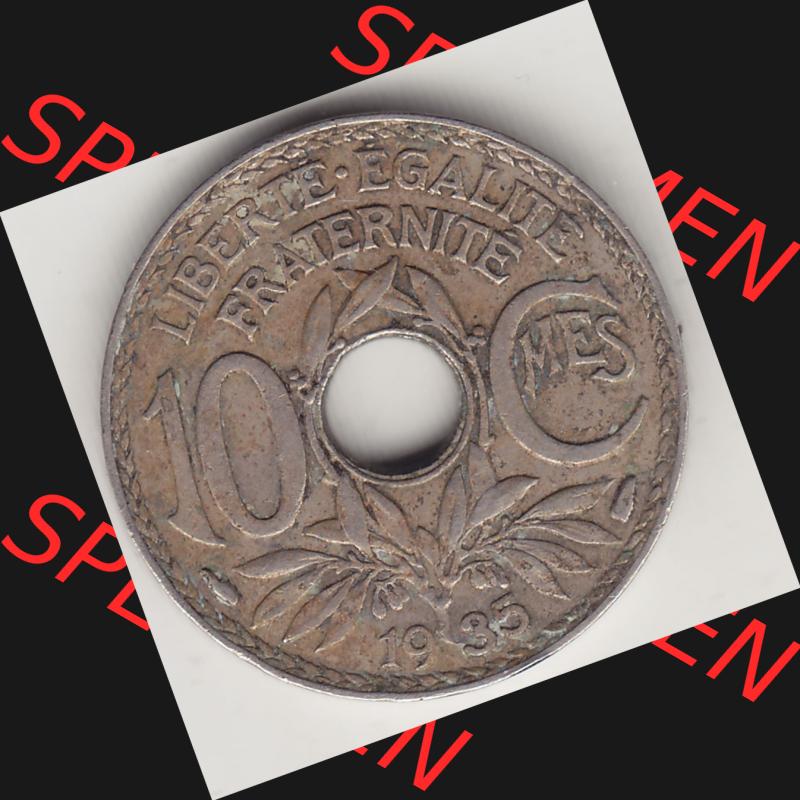 Münzen Frankreich Umlaufmünze 1917-1938, 10 Centimes - Cmes 1935-2. Rückseite der alten französischen Umlaufmünze 10 Cmes - Centimes - Cent aus Frankreich in der Francs-Währung... Sammlung