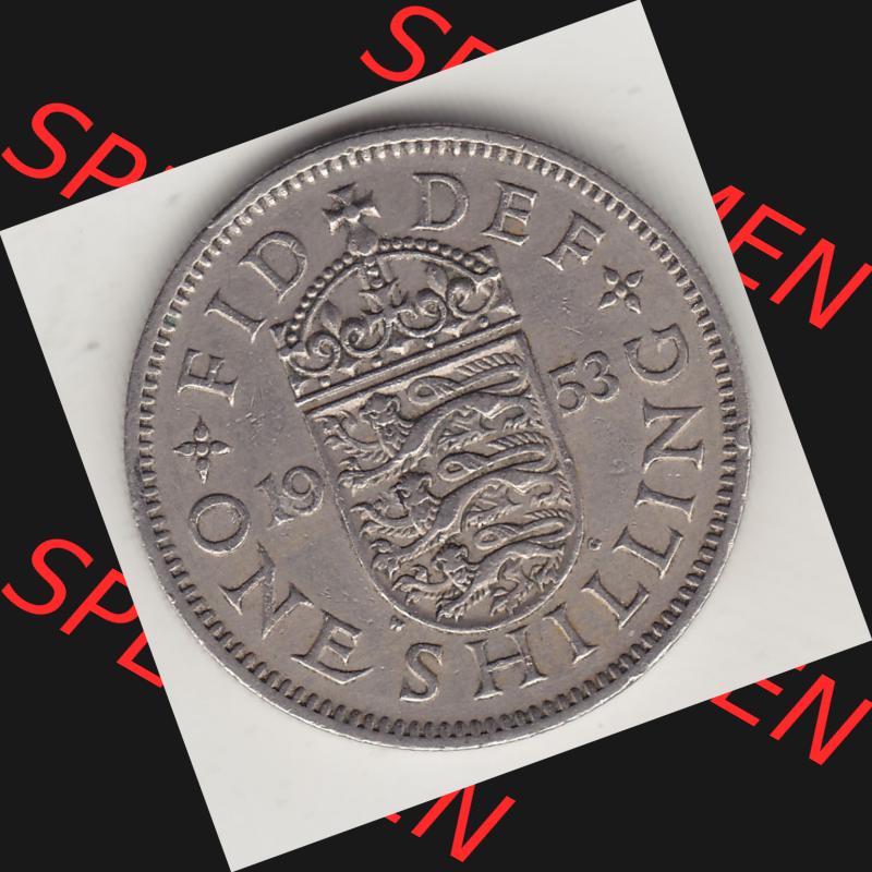 Münzen Großbritannien Umlaufmünze 1954-1970, 1 Schilling - Shilling, 1953-1 Wappen mit drei Löwen. Rückseite der alten britischen Münze aus Großbritannien... Sammlung