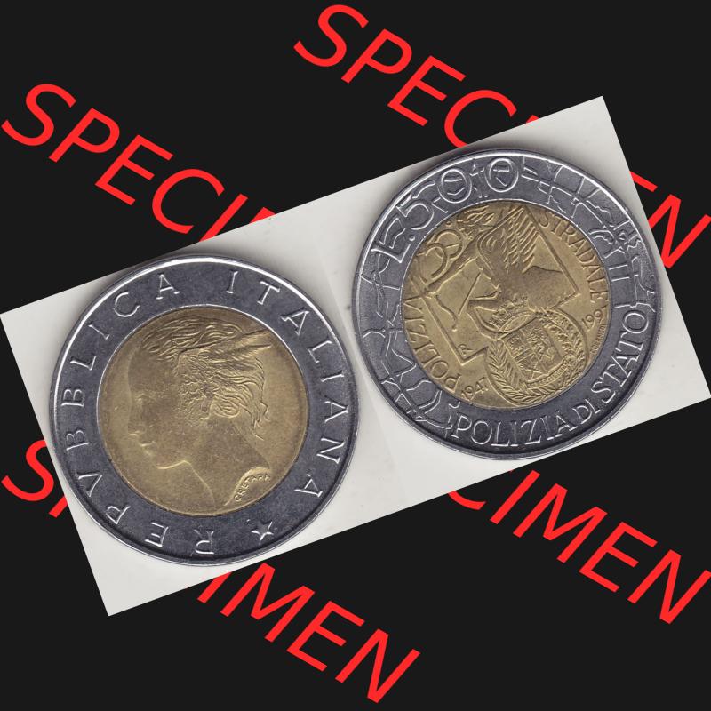 Bildmaterial von Münzen aus Italien / Italia Gedenkmünzen 1997-1997, 500 Lire, 50 Jahre Staatspolizei (1947-1997), POLIZIA DI STATO POLIZIA STRADALE R-2.... Sammlung