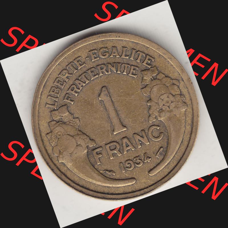 Münzen Frankreich Umlaufmünze 1931-1941, 1 Franken, 1 Franc, 1934-1 LIBERTE EGALITE FRATERNITE. Rückseite der alten französischen Umlaufmünze aus Frankreich... Sammlung