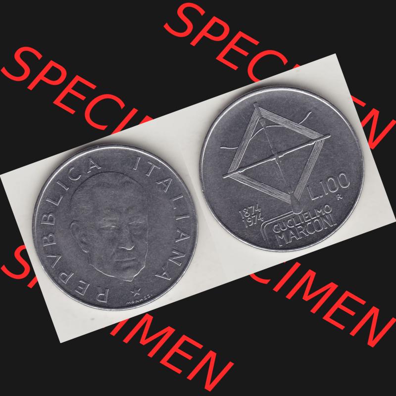 Bildmaterial von Münzen aus Italien / Italia Gedenkmünzen 1974-1974, 100 Lire, 100. Geburtstag von Guglielmo Marconi (1874-1974)-1. Vorderseite und Rückseite... Sammlung