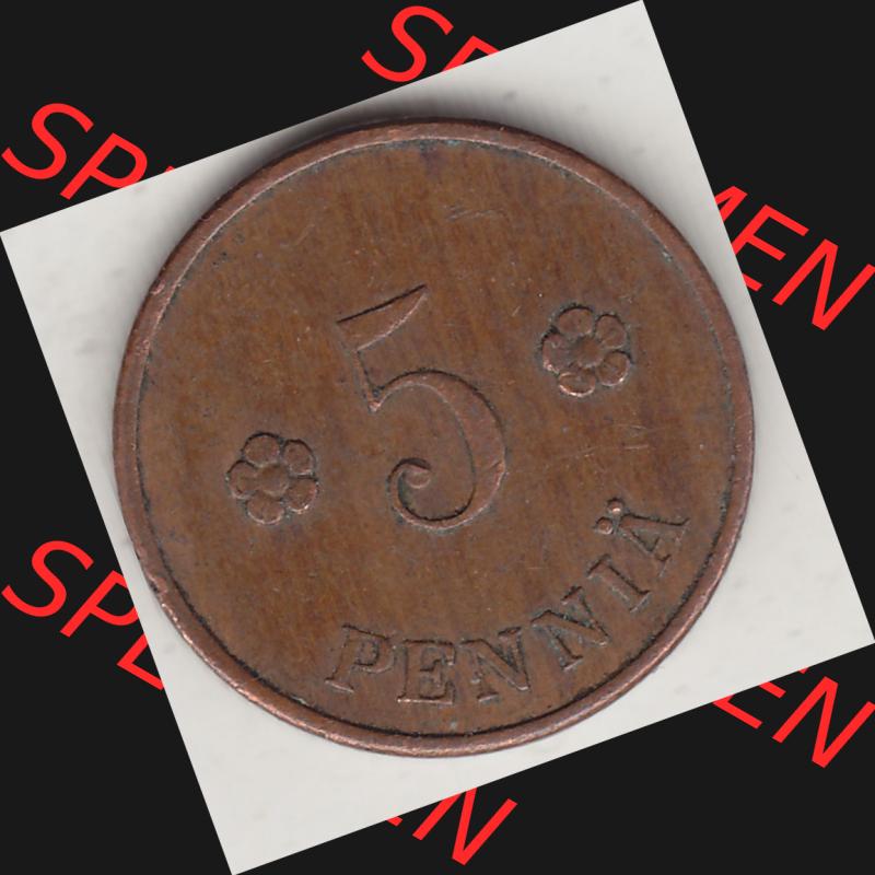 Alte Münzen KMS Finnland, Kursmünzensatz 1918-1940, 5 Penny, Penniä 1927. Rückseite mit Wert-Zahl bzw. Nennwert einer Münze aus KMS / Kursmünzen... Sammlung