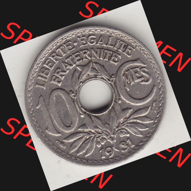 Münzen Frankreich Umlaufmünze Einzelansicht 1917-1938, 10 Centimes, 10 CMES EGALITÉ FRATERNITÉ LIBERTÉ 1931-2. Rückseite der alten französischen... Sammlung
