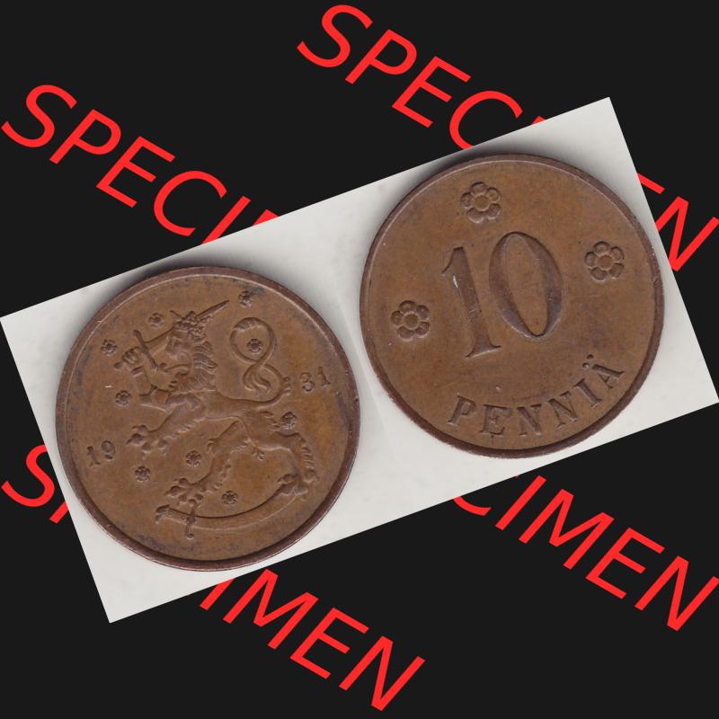 Alte Münzen KMS Finnland, Kursmünzensatz 1919-1940, 10 Penny, Penniä 1931. Digitales Bild / Bildmaterial mit Vorderseite und Rückseite einer Münze... Sammlung