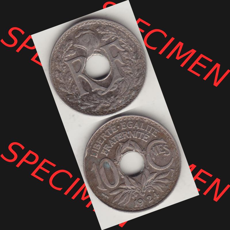 Münzen Frankreich Umlaufmünze Vollansicht 1917-1938, 10 Centimes, 10 CMES EGALITÉ FRATERNITÉ LIBERTÉ 1924-1. Vorderseite und Rückseite vertikal auf... Sammlung
