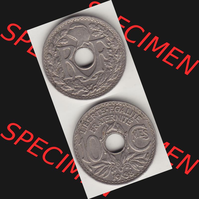 Münzen Frankreich Umlaufmünze 1917-1938, 10 Centimes - Cmes 1938. Vorderseite und Rückseite vertikal auf einen digitalen Bild der alten französischen Umlaufmünze 10... Sammlung