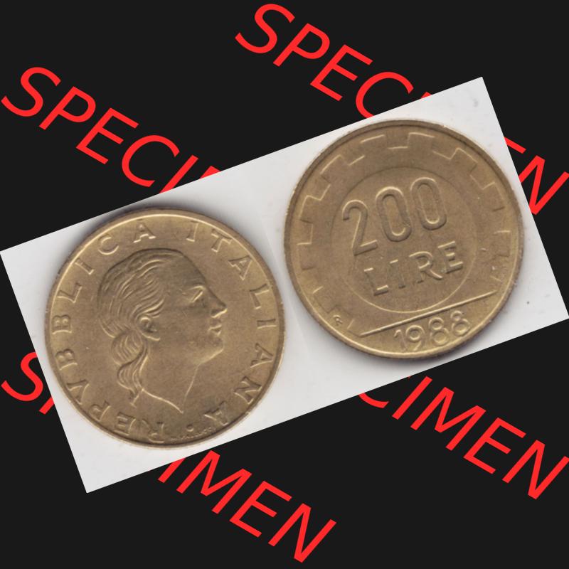Bildmaterial von Münzen aus Italien / Italia Gedenkmünzen 1977-2001, 200 Lire, Zahnrad. Vorderseite und Rückseite horizontal auf einen digitalen Bild einer alten italienischen... Sammlung