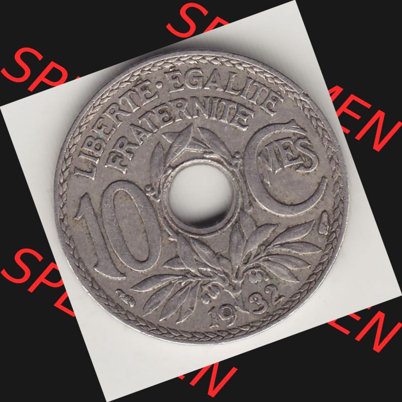 Münzen Frankreich Umlaufmünze 1917-1938, 10 Centimes - Cmes 1932. Rückseite der alten französischen Umlaufmünze 10 Cmes - Centimes - Cent aus Frankreich in der Francs-Währung... Sammlung