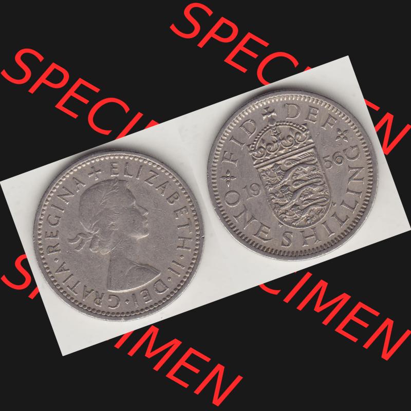 Münzen Großbritannien Umlaufmünze 1954-1970, 1 Schilling - Shilling, 1956-2 Wappen mit 3 Löwen. Vorderseite und Rückseite horizontal auf einen digitalen Bild... Sammlung