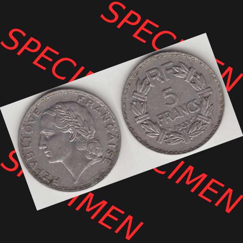 Münzen Frankreich Umlaufmünze 1933-1938, 5 Franken - Francs RF 1933. Vorderseite und Rückseite horizontal auf einen digitalen Bild der alten französischen Umlaufmünze... Sammlung