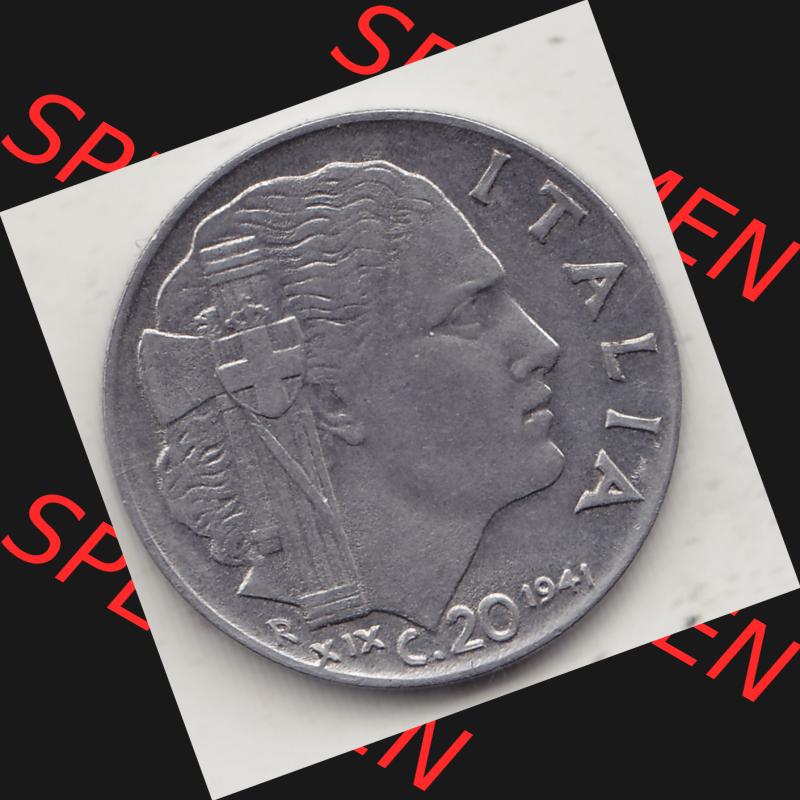 Alte Münzen KMS Italien / Italia, Kursmünzensatz - Zusammenstellung 1908-1943, mit Münze 1939-1943, 20 C. Centesimi, Cent 1941-1. Rückseite... Sammlung