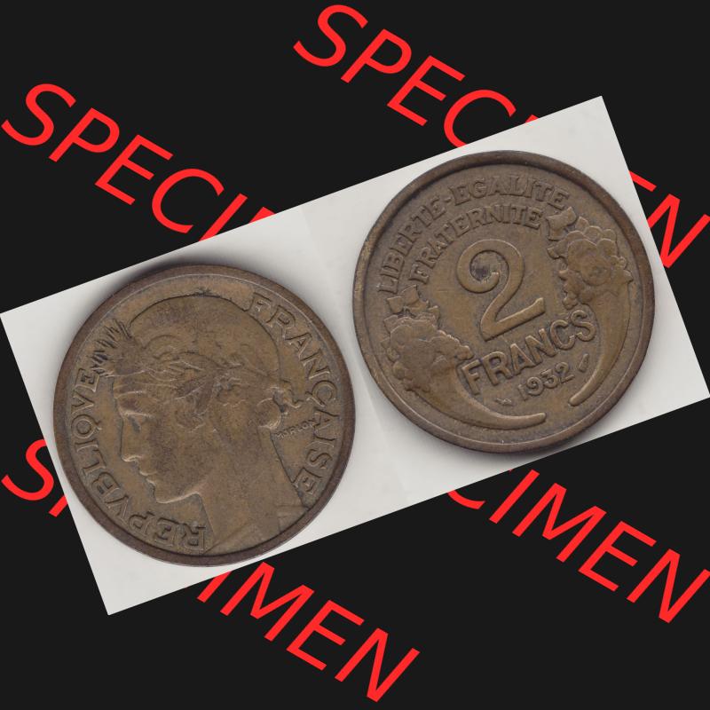 Münzen Frankreich Umlaufmünze 1931-1941, 2 Franken 1932-1 LIBERTE EGALITE FRATERNITE. Vorderseite und Rückseite horizontal auf einen digitalen Bild der alten französischen... Sammlung