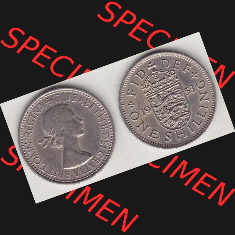 Münzen Großbritannien Umlaufmünze 1954-1970, 1 Schilling - One Shilling, 1953-2 Wappen mit drei Löwen. Vorderseite und Rückseite horizontal auf einen digitalen... Sammlung