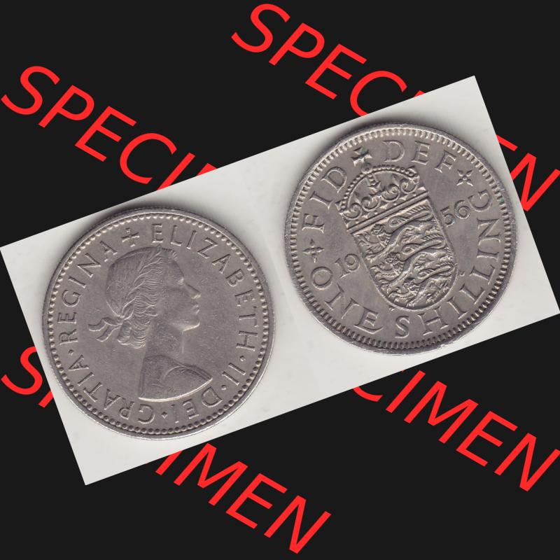 Münzen Großbritannien Umlaufmünze 1954-1970, 1 Schilling - One Shilling, 1956-1 Wappen mit drei Löwen. Vorderseite und Rückseite horizontal auf einen digitalen... Sammlung