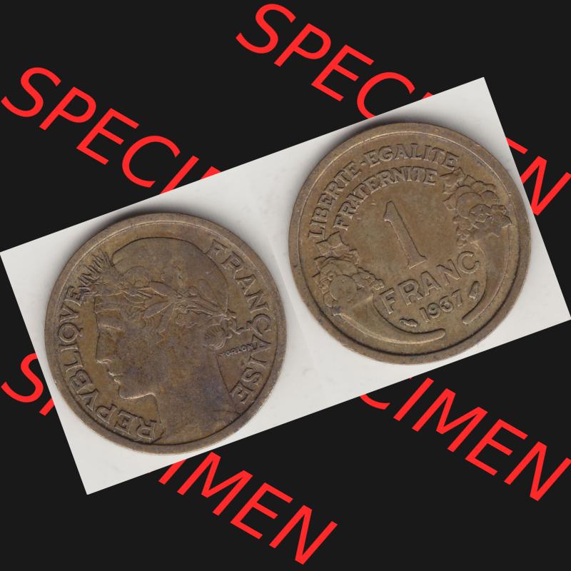 Münzen Frankreich Umlaufmünze 1931-1941, 1 Franken, 1 Franc, 1937-1 LIBERTE EGALITE FRATERNITE. Vorderseite und Rückseite horizontal auf einen digitalen Bild der... Sammlung
