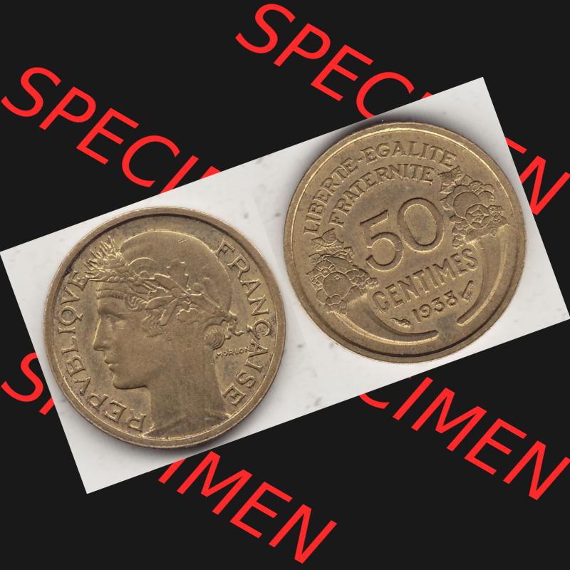 Alte Münzen KMS Frankreich, aus Kursmünzensatz-Zusammenstellung der Jahre 1917-1952, mit der Münze 1931-1947, 50 Centimes, 1938-1. Vorderseite und Rückseite... Sammlung