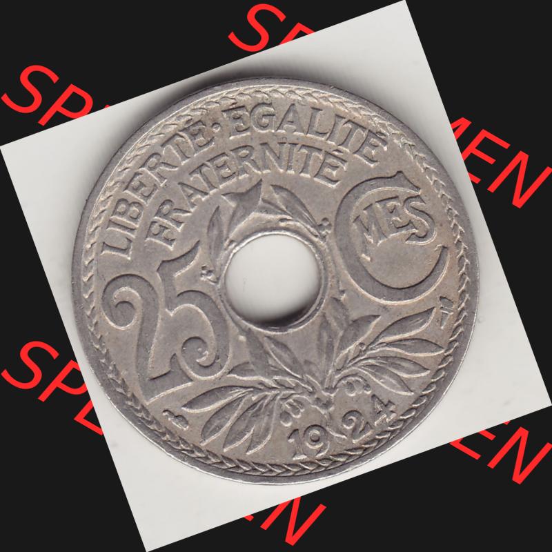 Münzen Frankreich Umlaufmünze 1917-1937, 25 Cmes, Centimes 1924-1 LIBERTE EGALITE FRATERNITE. Rückseite der alten französischen Umlaufmünze 10 Cmes - Centimes... Sammlung