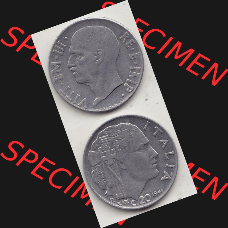 Alte Münzen KMS Italien / Italia, Kursmünzensatz - Zusammenstellung 1908-1943, mit Münze 1939-1943, 20 C. Centesimi, Cent 1941-1. Digitales Bild... Sammlung