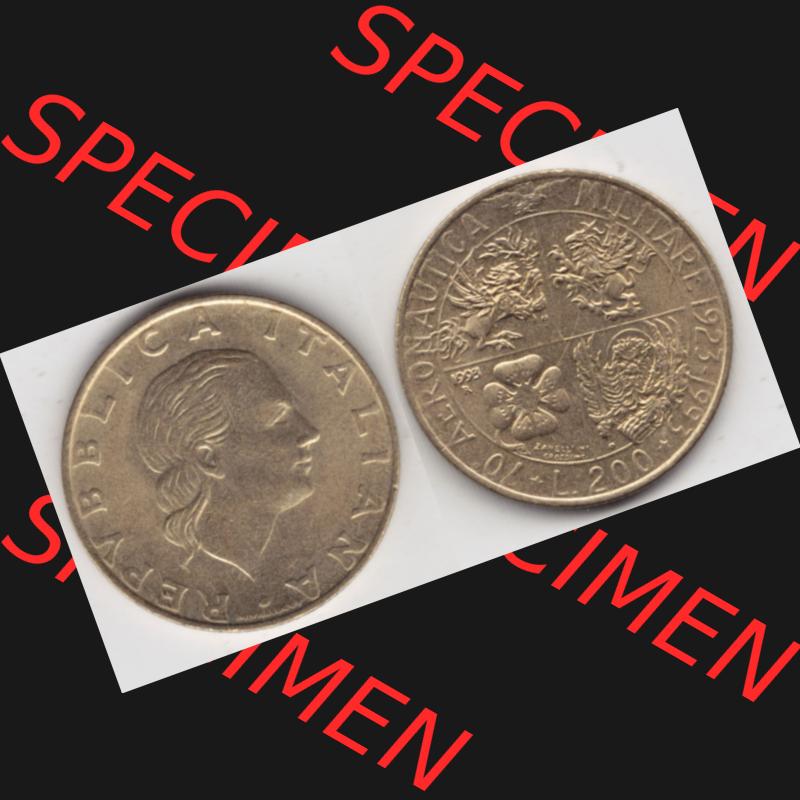 Bildmaterial von Münzen aus Italien / Italia Gedenkmünzen 1993-1993, 200 Lire Militärischen Luftfahrt. Vorderseite und Rückseite horizontal auf einen digitalen Bild... Sammlung