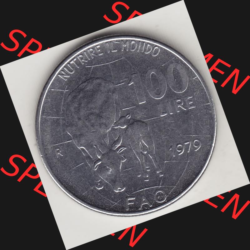 Bildmaterial von Münzen aus Italien / Italia Gedenkmünzen 1979-1979, 100 Lire, Ernährungs- und Landwirtschafts- Organisation der Vereinten Nationen-2. Rückseite... Sammlung