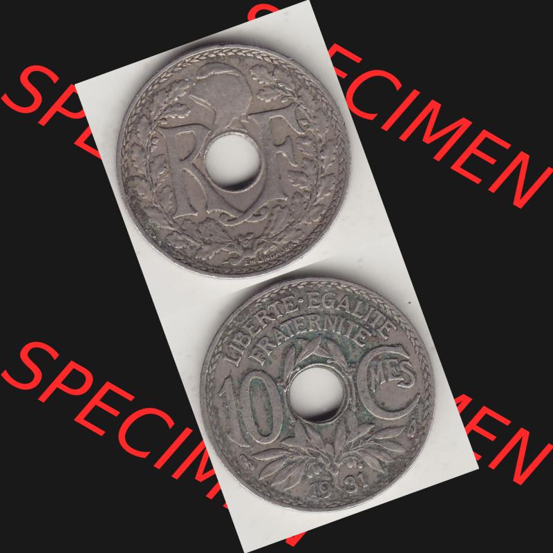 Münzen Frankreich Umlaufmünze Vollansicht 1917-1938, 10 Centimes, RF - Frankreich 10 CMES EGALITÉ FRATERNITÉ LIBERTÉ 1931-2. Vorderseite und Rückseite... Sammlung